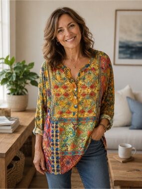 John Mark embroidered bohemian floral tunic top